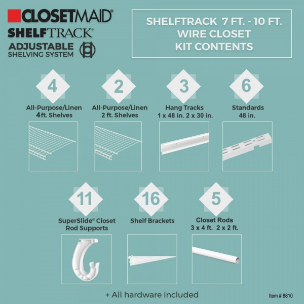 Adjustable ShelfTrack Organiser Kit 8810, 2.13m (7') - 3.05m (10') wide